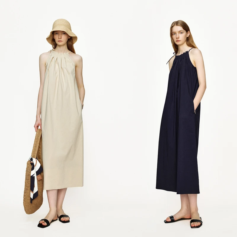 Marllen绮丽褶韵 抗皱棉麻随性 日系文艺风压褶A型吊带连衣裙女夏