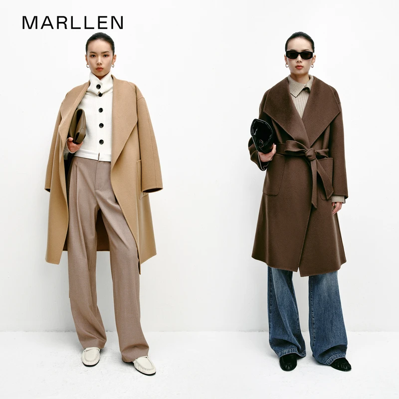 Marllen落日大道 法式慵懒风 重磅双面尼大翻领浴袍大衣