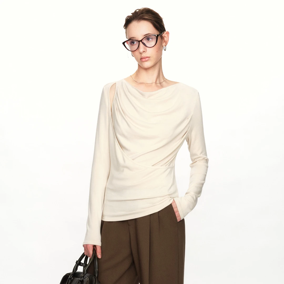 Marllen柔美微漪防静电亲肤面料假两件一字领荡领显瘦打底T恤