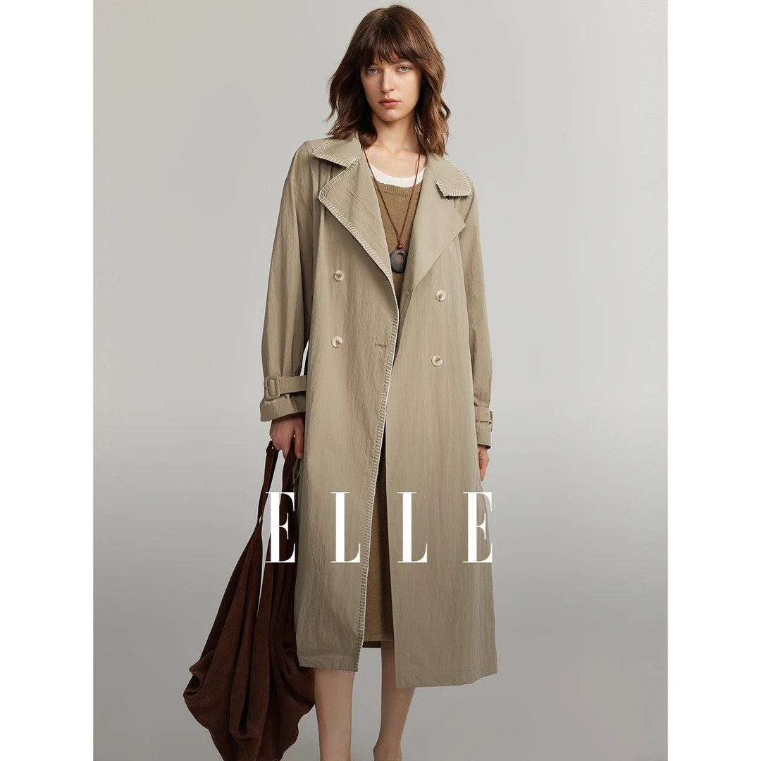ELLE气质时尚风衣2025夏季新欧若风翻领休闲百搭中长款ED48696