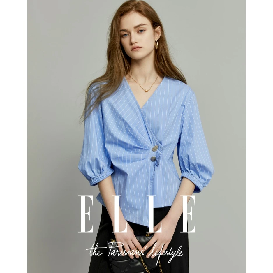 【EM34519】ELLE法式宽松显瘦V领时尚修身衬衫2024夏季新款小众上
