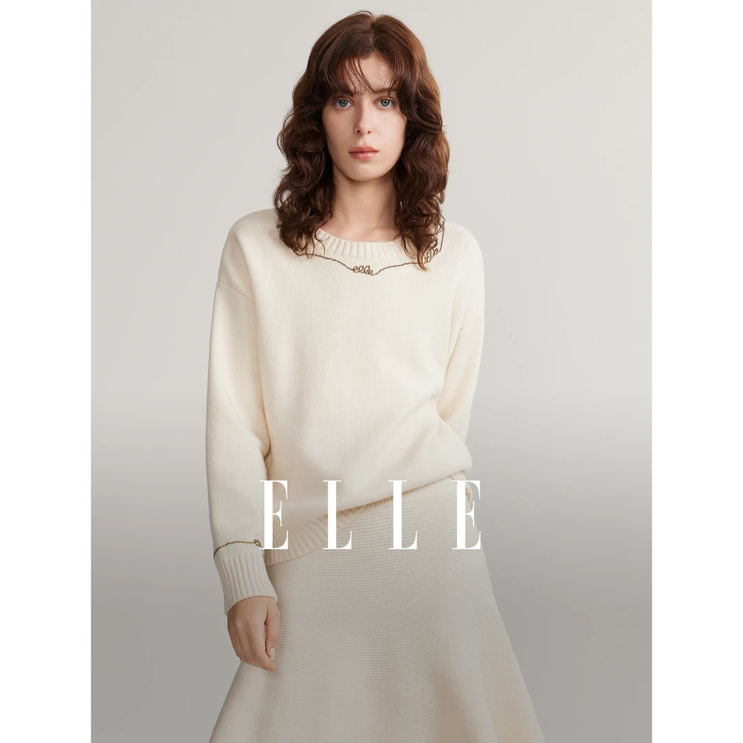 ELLE法式简约气质毛衣2024冬季新款欧若风圆领百搭宽松EM49501