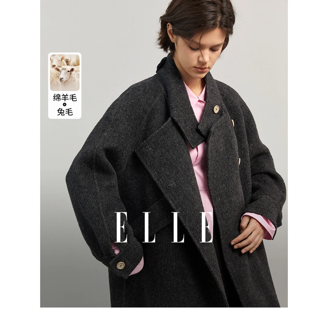 ELLE绵羊毛混纺法式长款毛呢外套女2024冬装新款毛呢大衣L6WND025