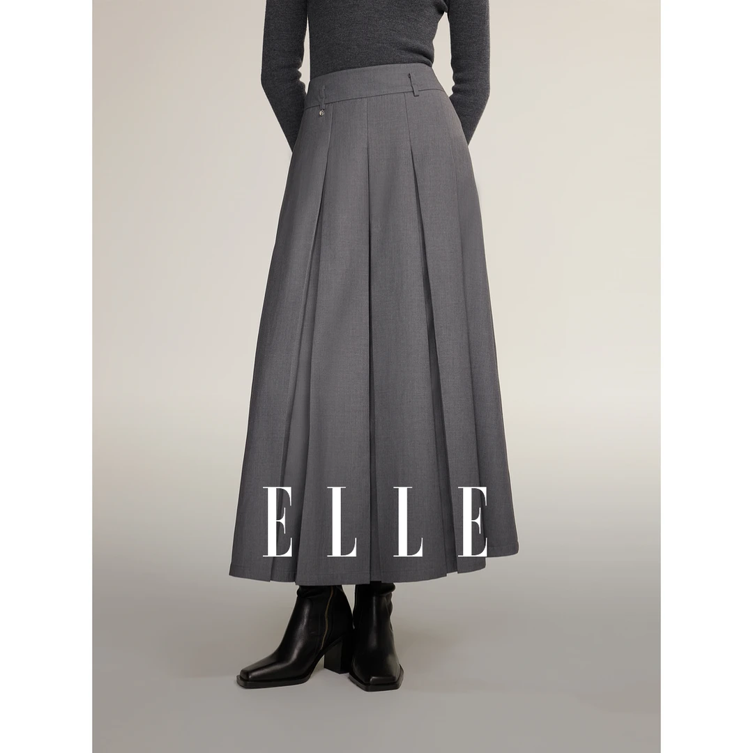 ELLE气质百褶中长款半身裙2024夏季新款欧若风大摆显瘦ER48721