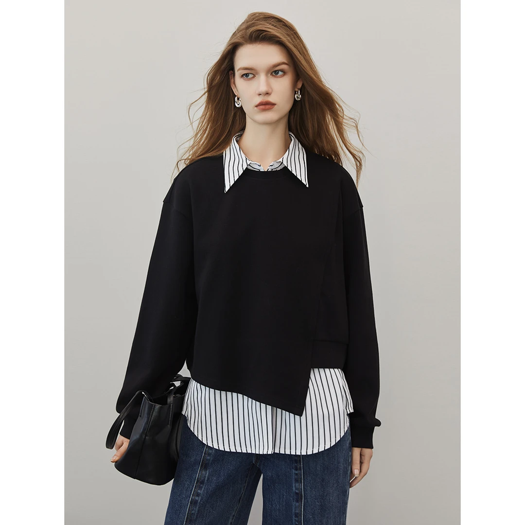 【EW35828】ELLE设计感假两件套头卫衣新款洋气高级感小众上衣翻领