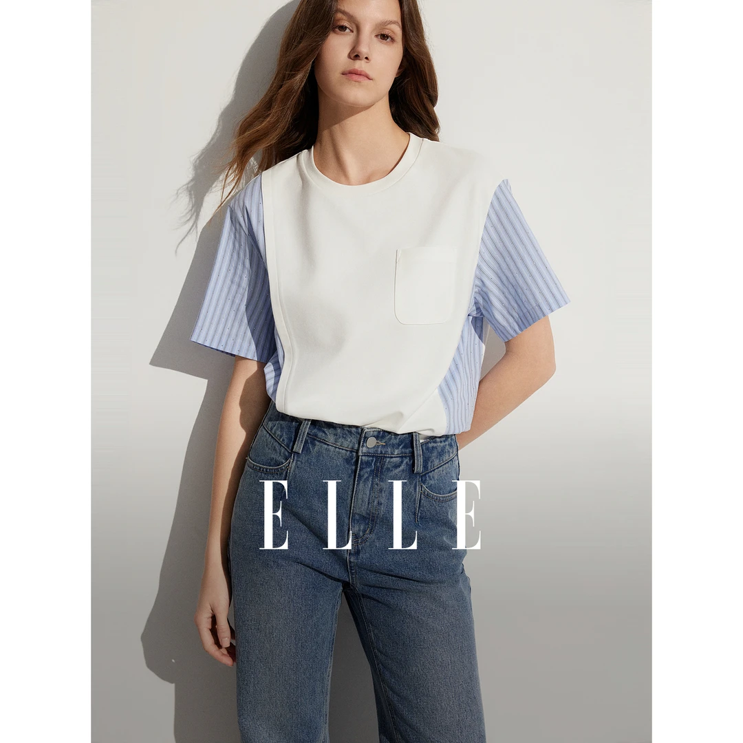 ELLE设计感拼接撞色条纹圆领短袖T恤女2024夏季新款宽松ET48112