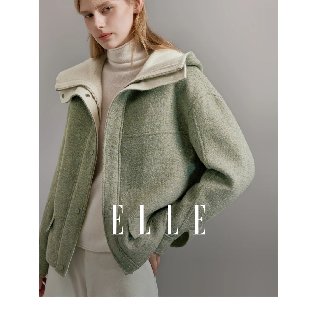 时尚气质短外套女款2023秋冬新款小个子翻领宽松连帽大衣EF36774