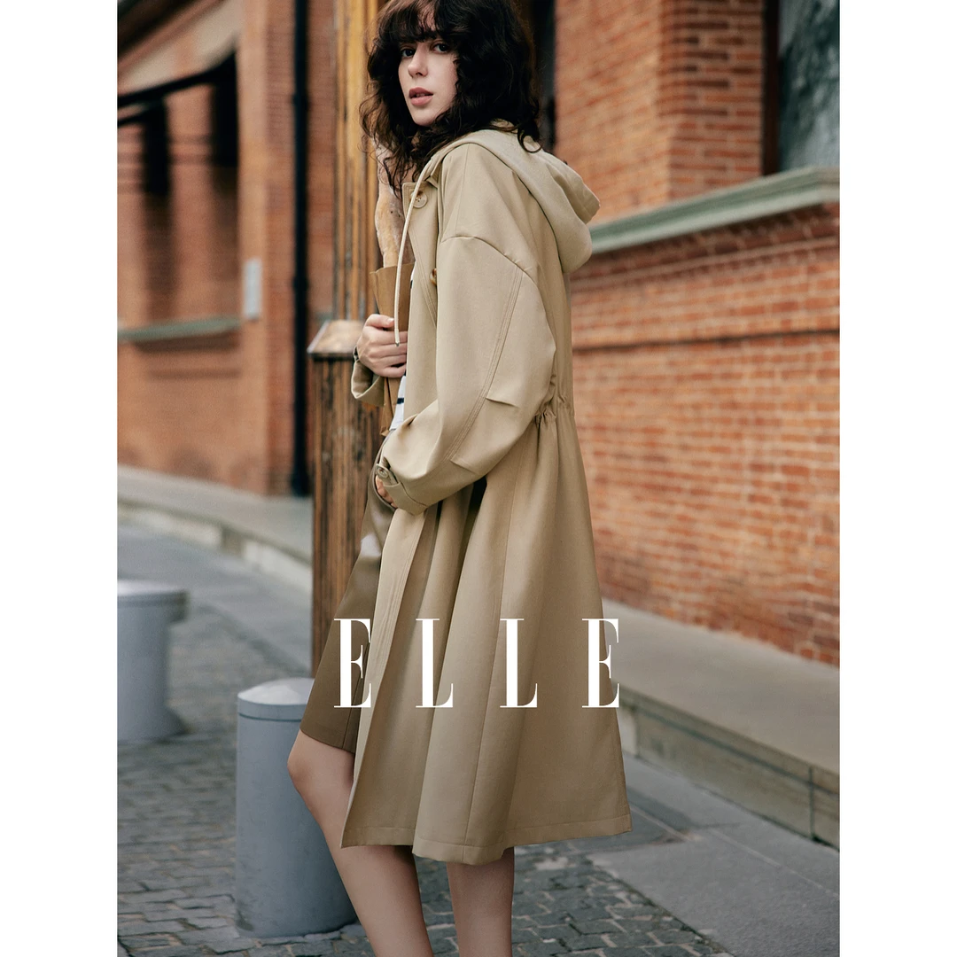ELLE百搭连帽风衣外套2025春季新时尚新派简约气质长款ED49202