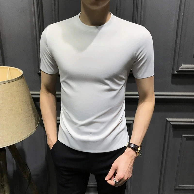 新款圆领白色短袖t恤男紧身夏季男士高端半袖修身体恤纯色打底衫