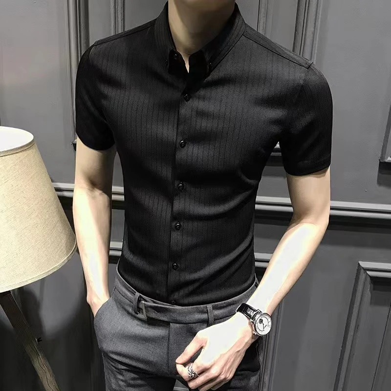 2025新款短袖衬衫男夏季高端条纹男士半袖衬衣休闲商务修身免烫寸