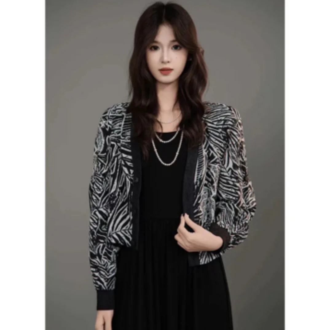 北京阿玛施540036秋季新款印花设计感显瘦时尚休闲V领短外套女