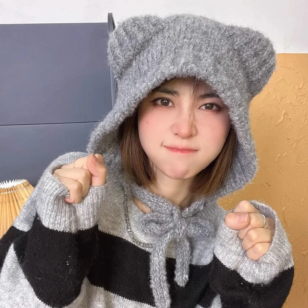 【有绳小熊】韩版ins可爱小熊毛线针织帽秋冬保暖护耳帽日系百搭