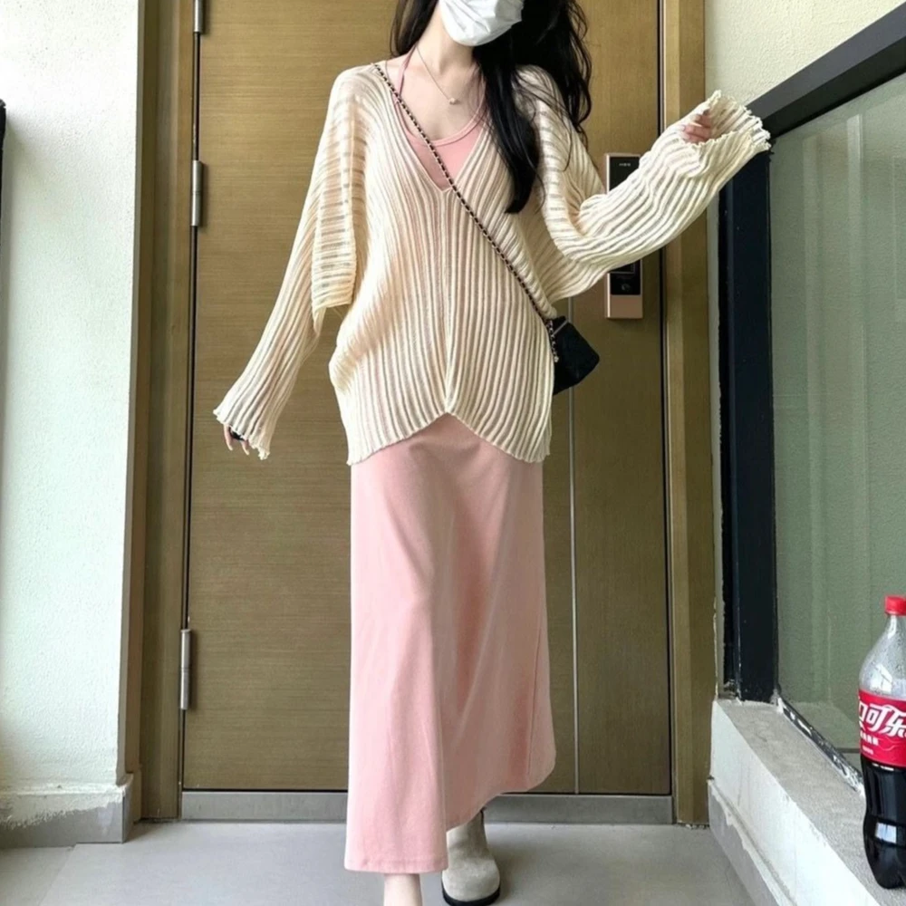 大码女装夏季宽松慵懒风裙子设计感罩衫连衣裙套装胖mm显瘦两件套