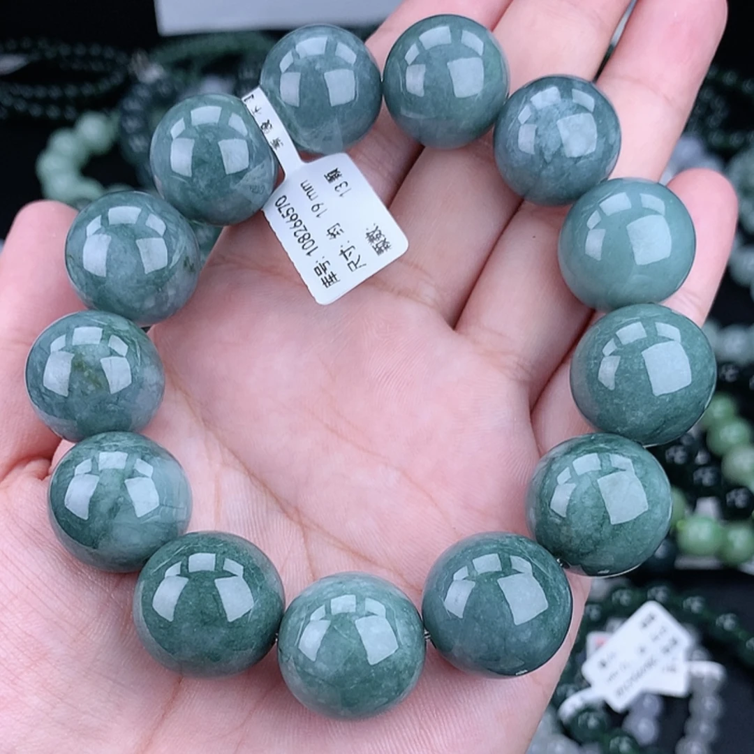 正品天然翡翠A货19-20m满色蓝水翡翠手串男士时尚大颗幽灵玉手串
