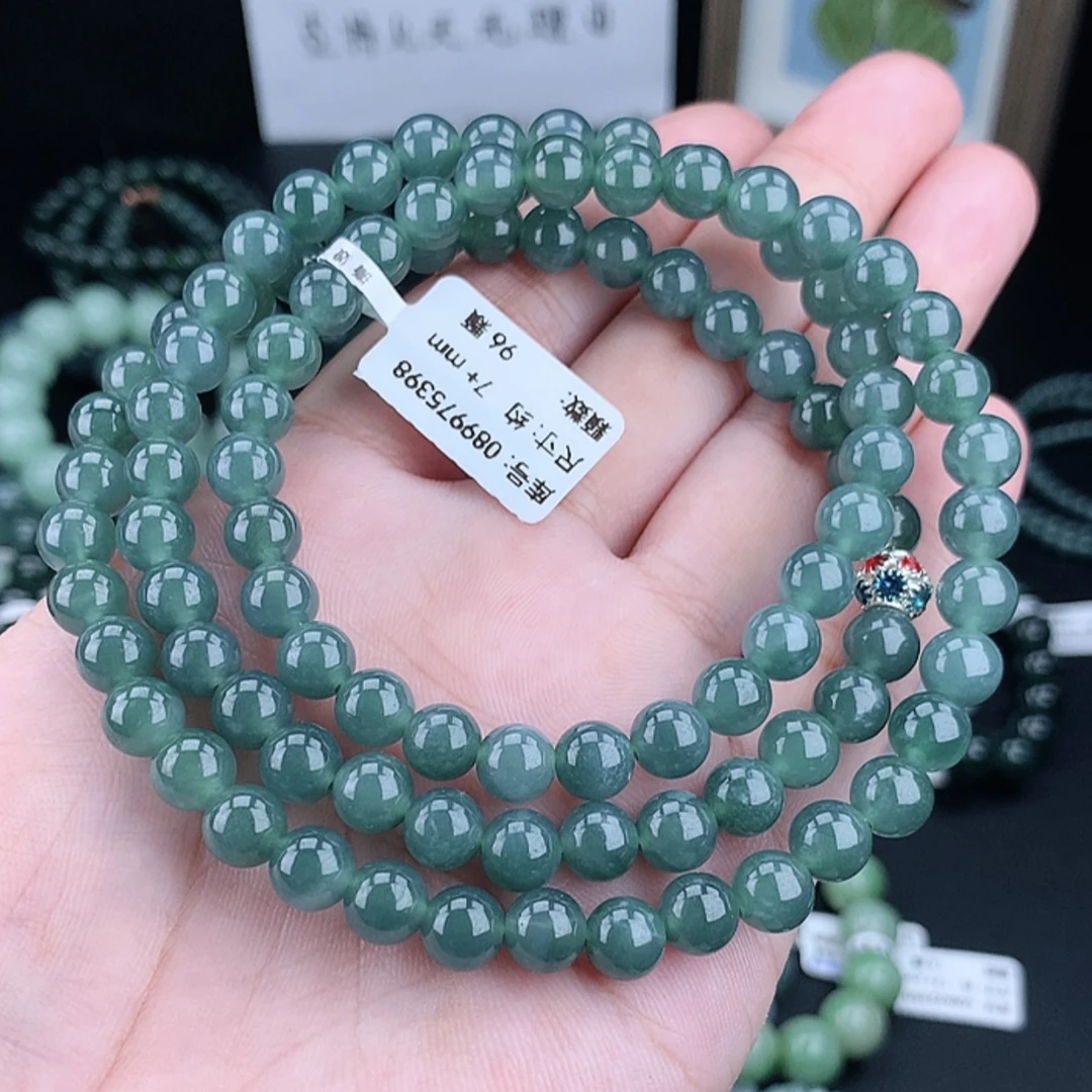 正品天然翡翠A货7-8m冰种蓝水满色翡翠吊坠项链时尚款长链妈妈链