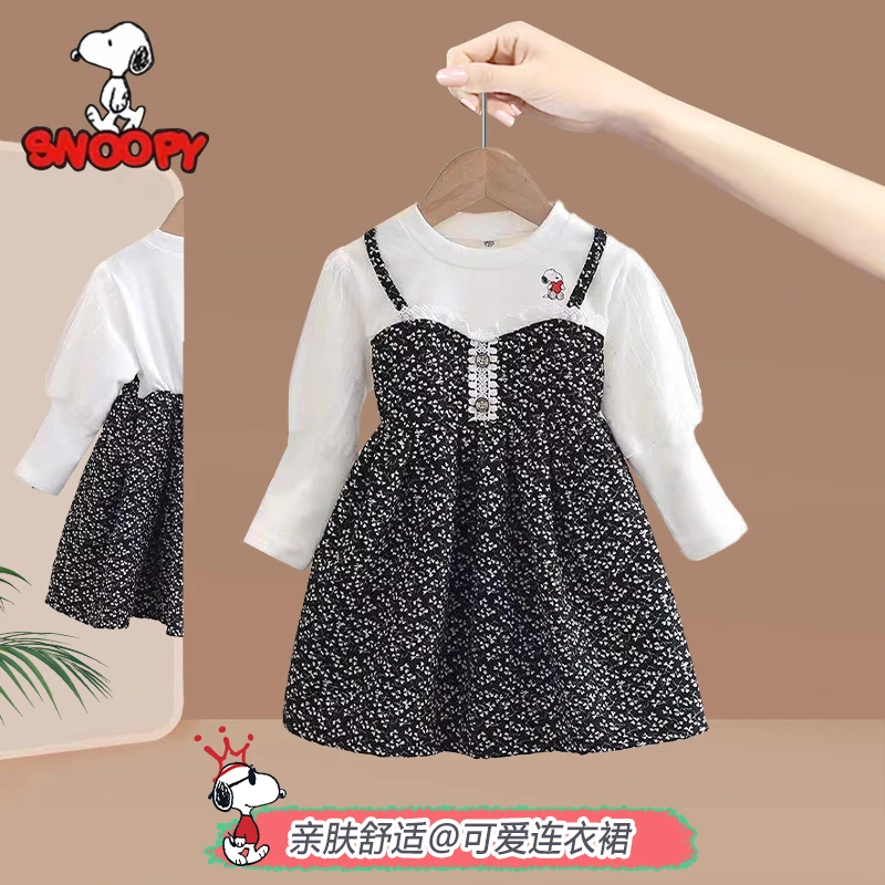 Snoopy/史努比春秋女童连衣裙女宝宝假两件洋气韩版碎花裙TY8118