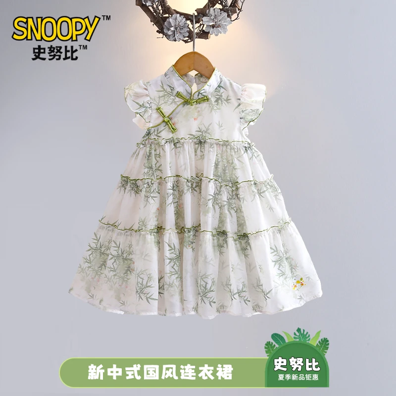 Snoopy/史努比女童夏季国风新中式连衣裙 女宝碎花飞袖公主风裙子