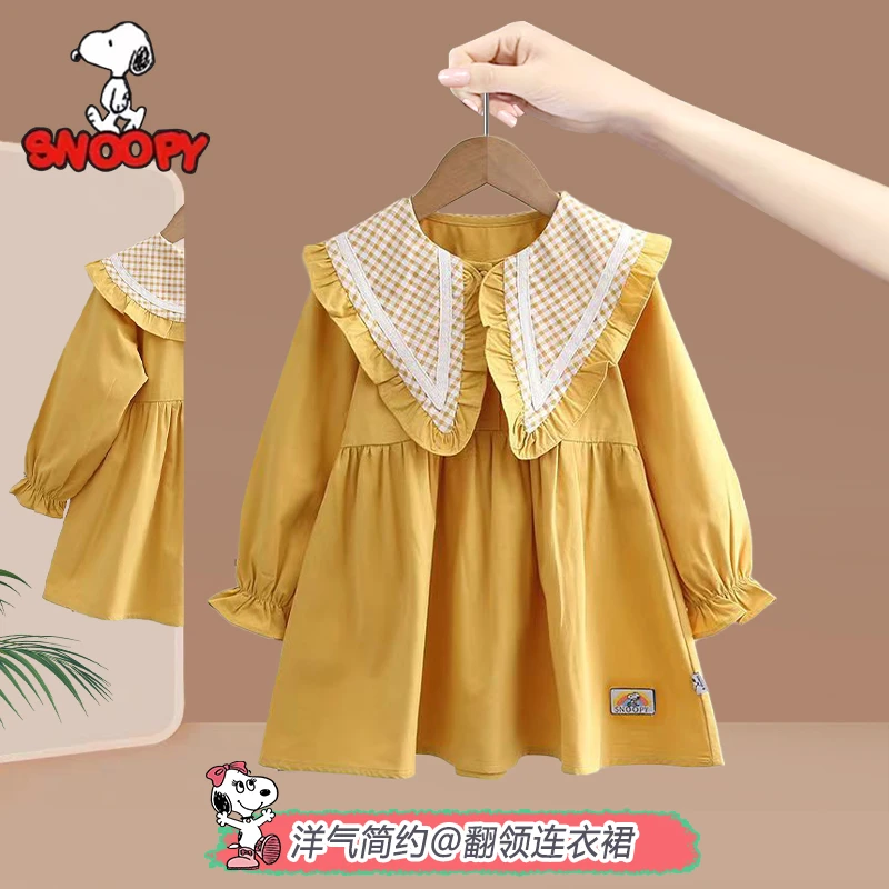 Snoopy/史努比女童春季连衣裙 2024女孩洋气韩版长袖娃娃领裙子