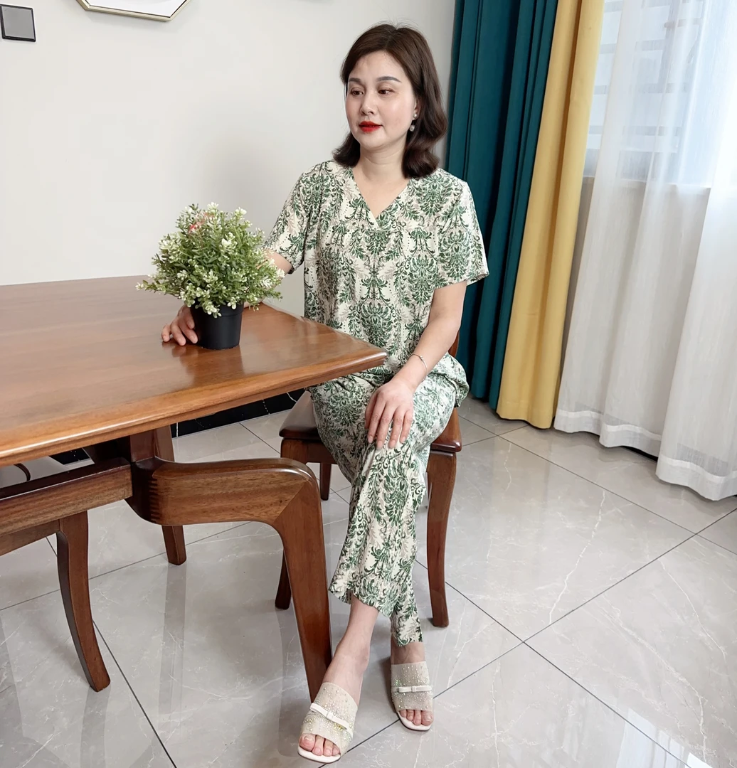 2024年高端数码印花棉绸时尚洋气宽松家居服套装女款爆款睡衣女