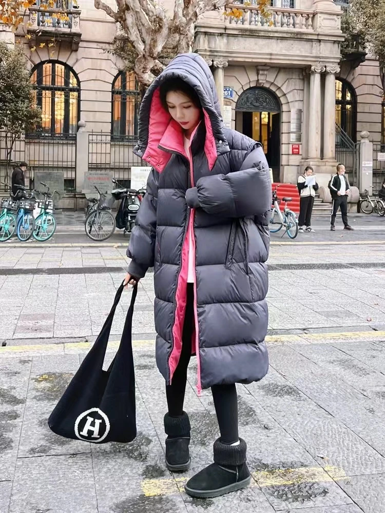 休闲灰色拼粉色羽绒服女90白鸭绒中长款2024年加厚保暖宽松外套