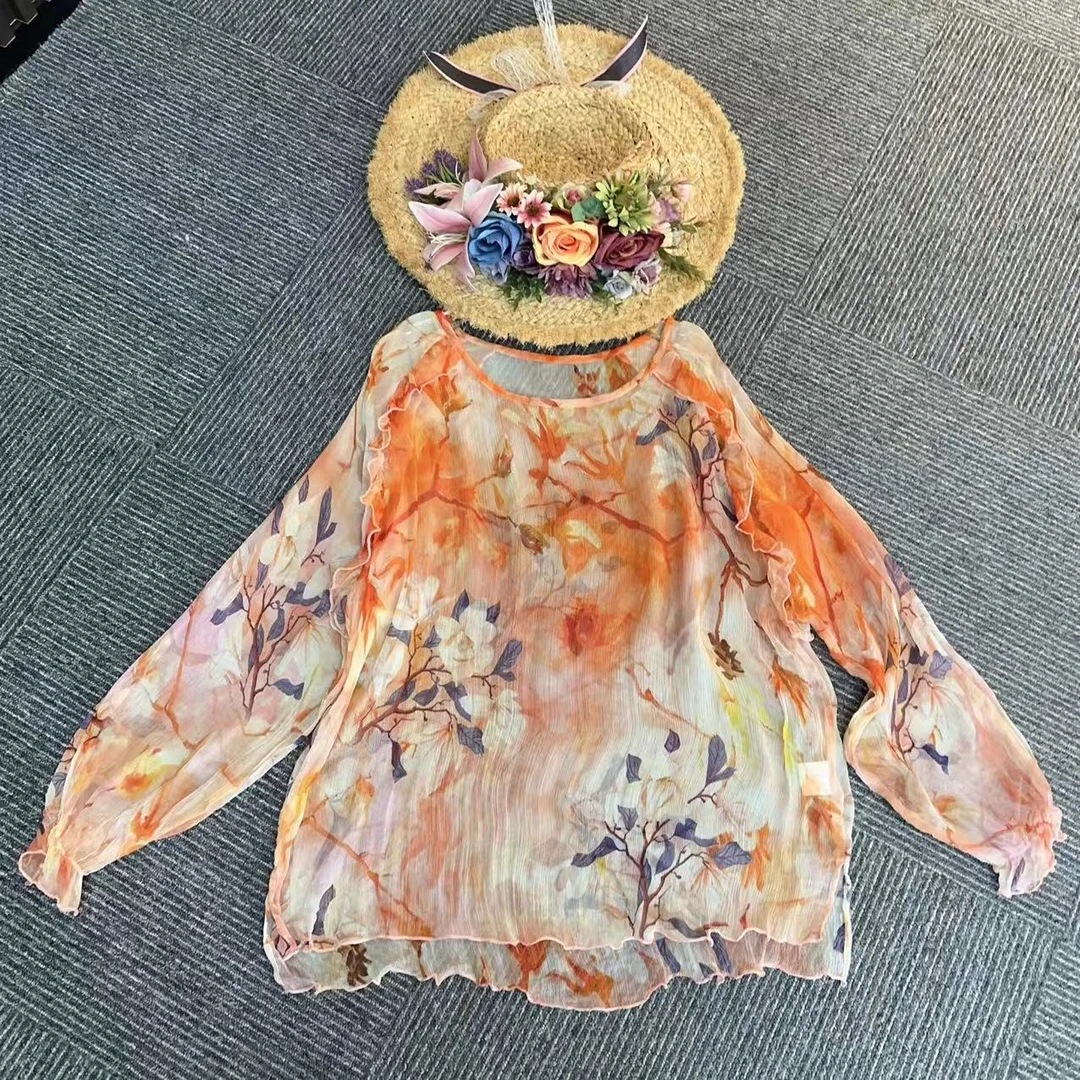 新款真丝长袖贵气印花休闲上衣圆领时尚木耳领真丝上衣气质宽松女