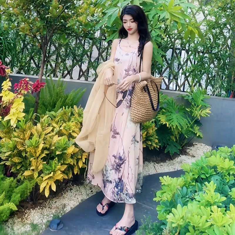 夏季女装宽松连衣裙无袖印花吊带裙子过膝长裙洋气海边度假沙滩裙