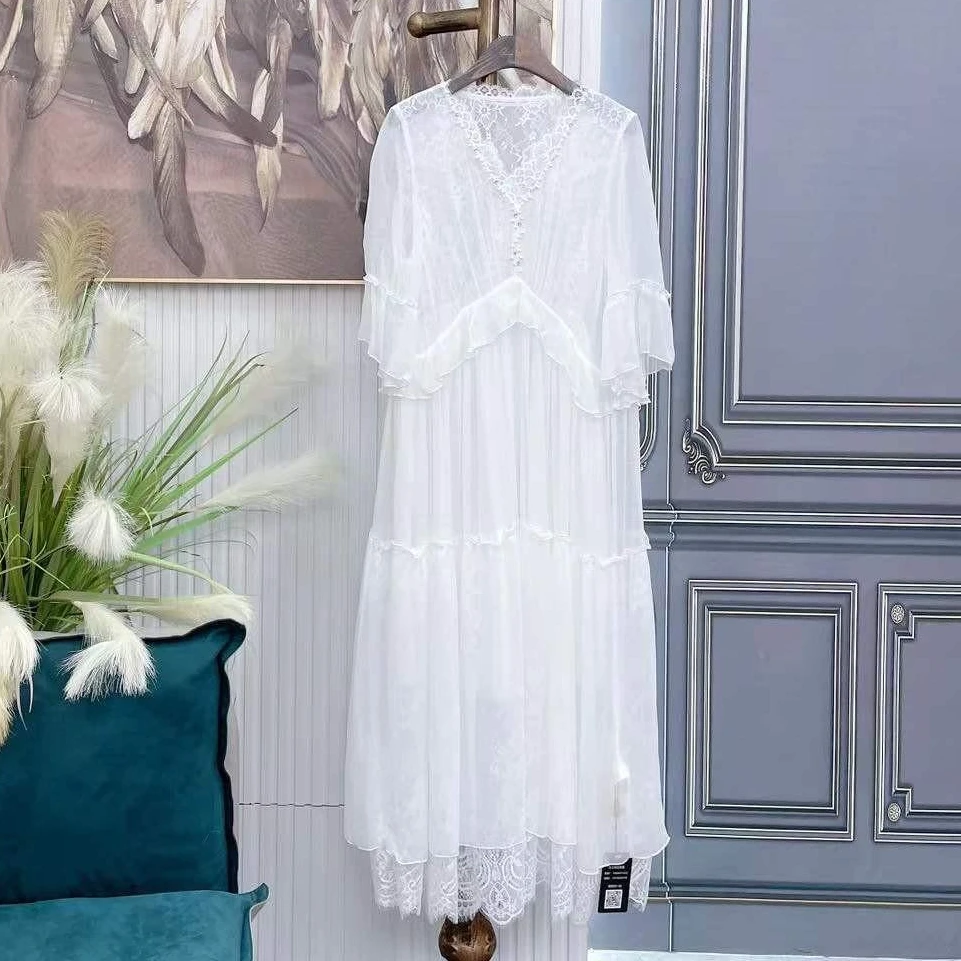 2024年夏季新款宽松收腰显瘦纯色真丝连衣裙女白色桑蚕丝长裙气质