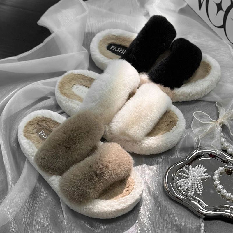 蚂蚁之恋秋冬季新品时尚潮加厚撞色二条毛毛拖鞋女厚底批发外穿