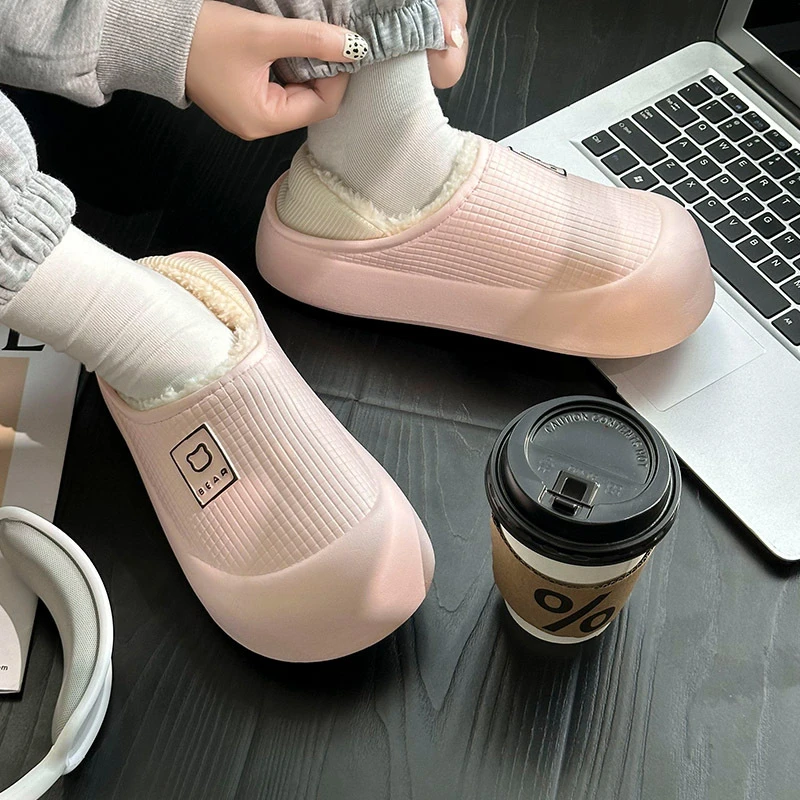 蚂蚁之恋秋冬新品简约纯色防水小格子居家外穿情侣款男女棉鞋舒适