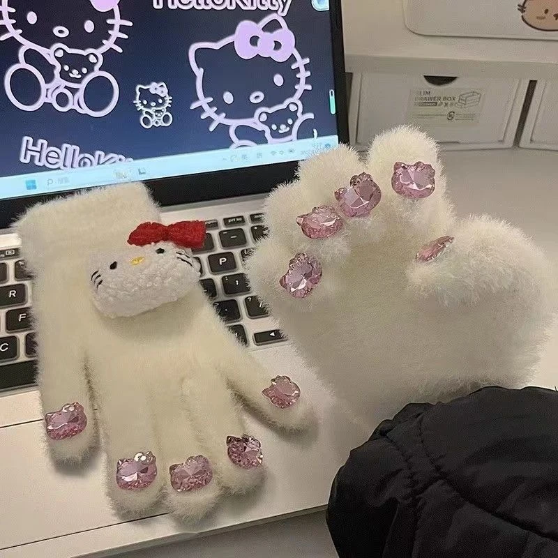 可爱KT闪钻手套女冬软糯糯爆闪毛绒手套加厚保暖学生棉yw