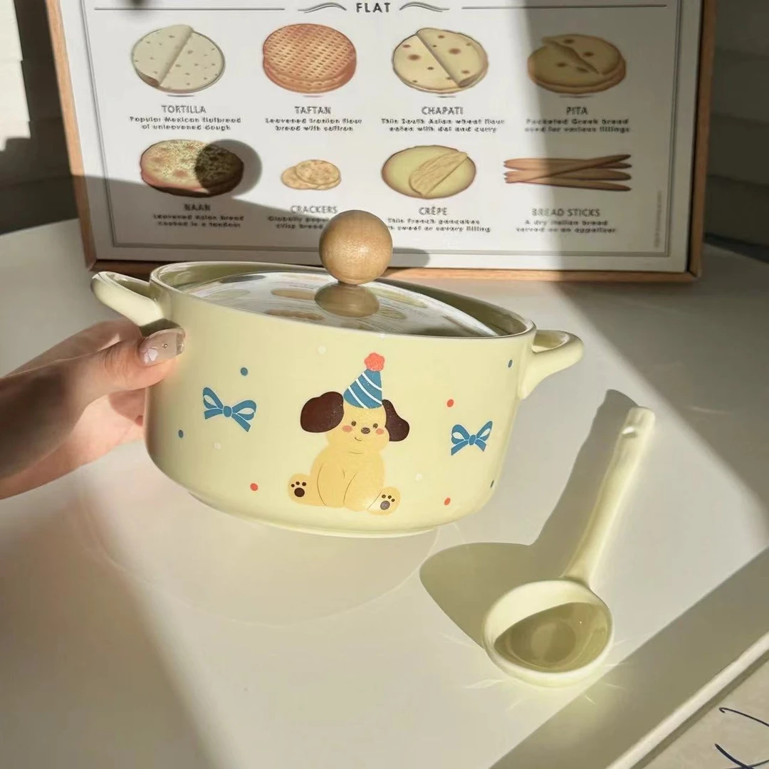 新款ins风奶油小狗陶瓷泡面碗带盖学生 宿舍用方便面碗大容量汤yj