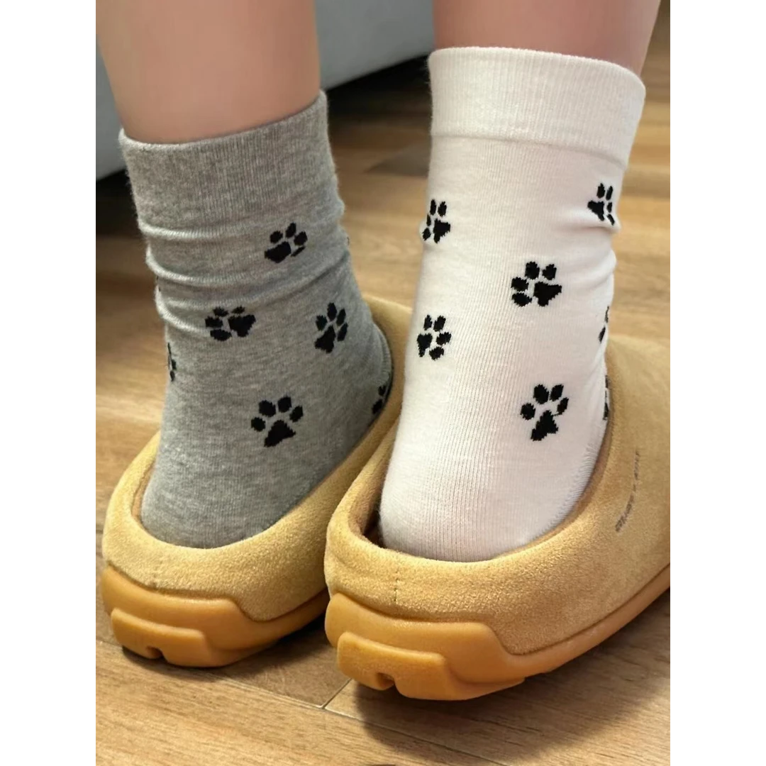 袜子女韩系ins时尚设计小狗爪印中筒袜春秋学院风可爱个性潮流yj