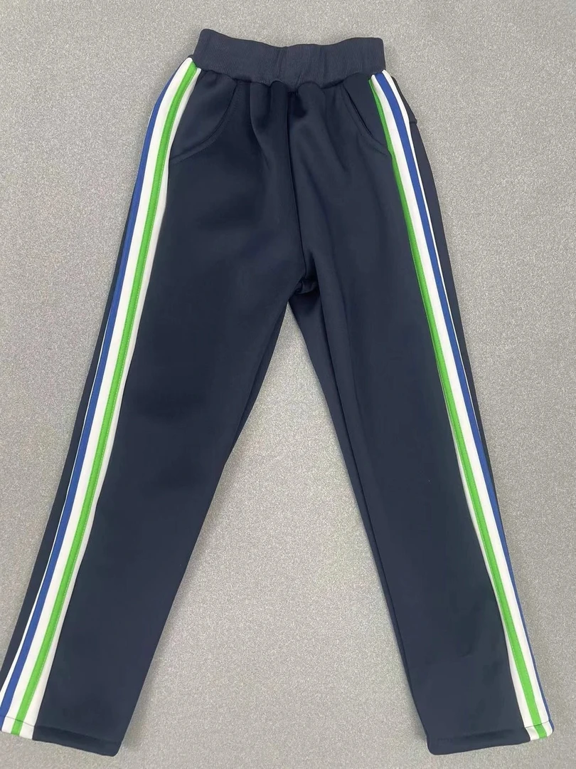 藏青拼蓝白绿条加绒运动裤