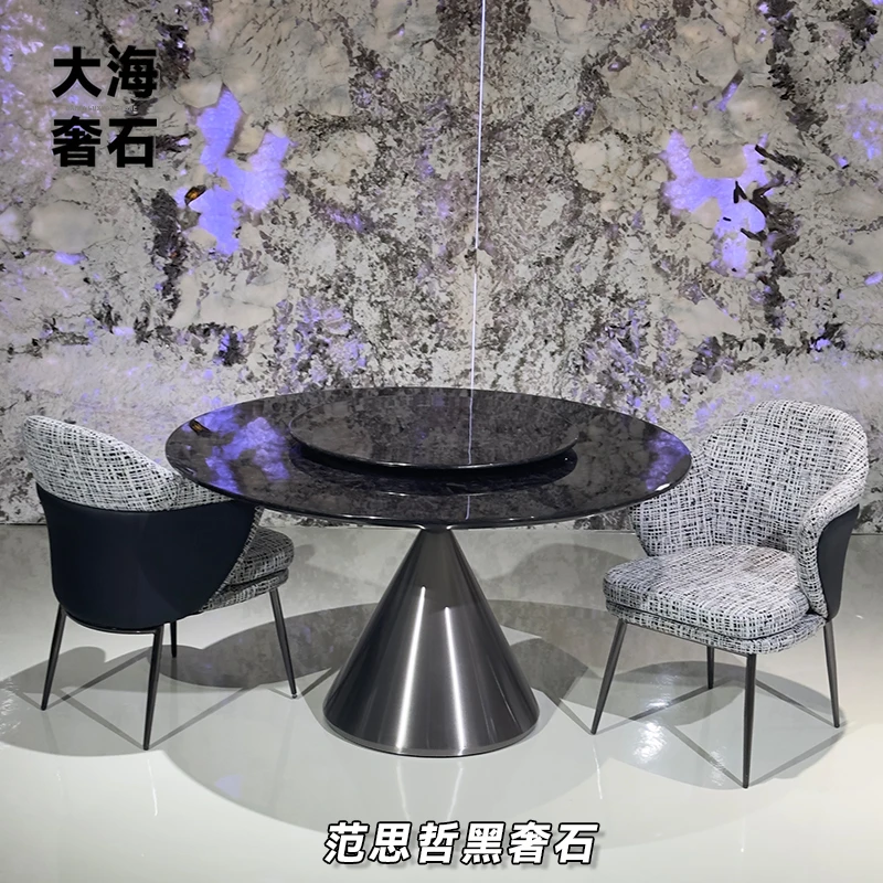大海奢石意式极简餐桌现代简约轻奢高端别墅家用圆形饭桌范思哲黑