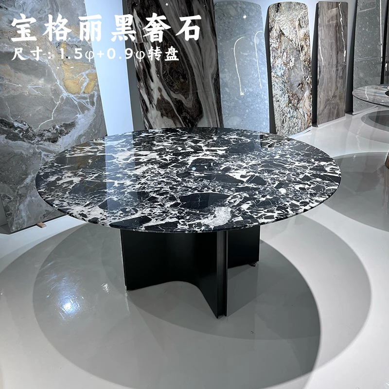 大海奢石现代轻奢宝格丽黑圆餐桌意式极简饭桌大户型别墅奢石设计