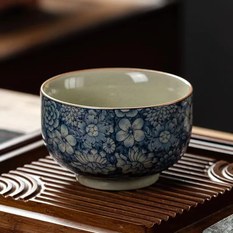 述泥高档复古青花茶杯陶瓷功夫茶具个人杯开片可养大号主人杯单杯