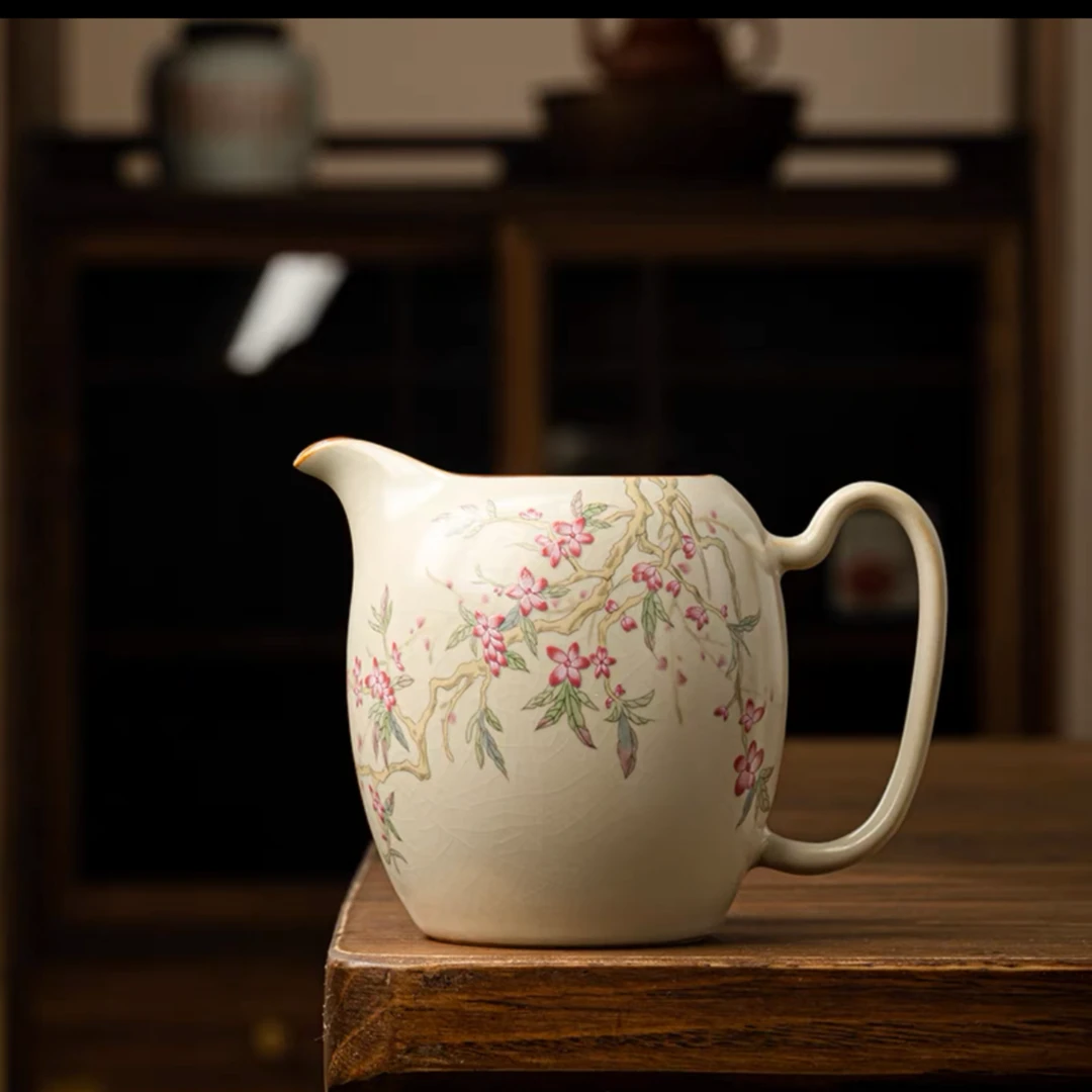 述泥古汝米黄汝窑公道杯茶海分神器陶瓷茶具家用带把鹰嘴防烫望舒