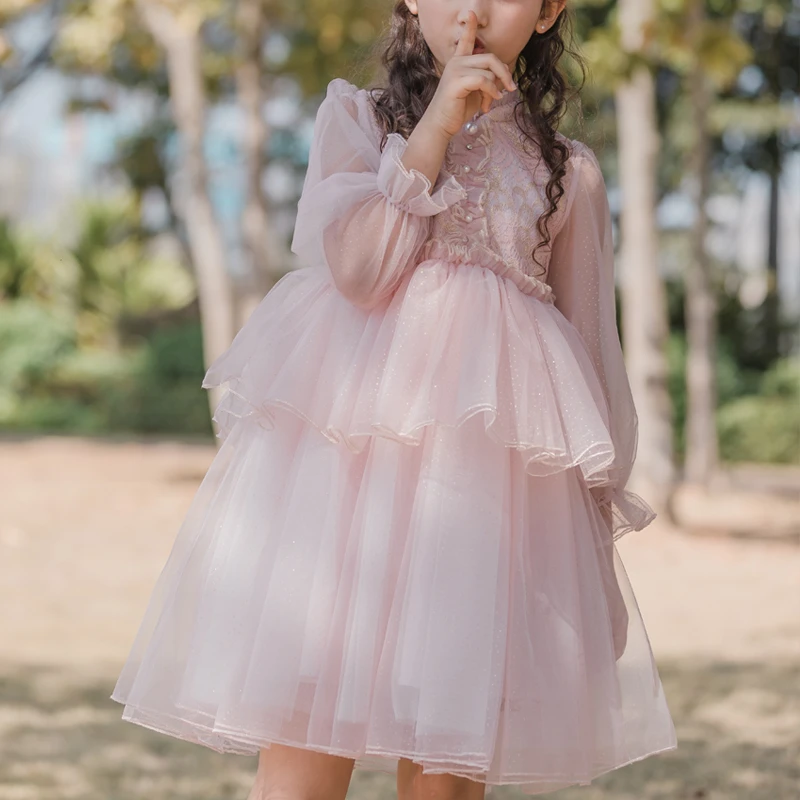 出芽童装女童连衣裙2023春秋新款粉色洋气绣花儿童裙子宝宝公主裙