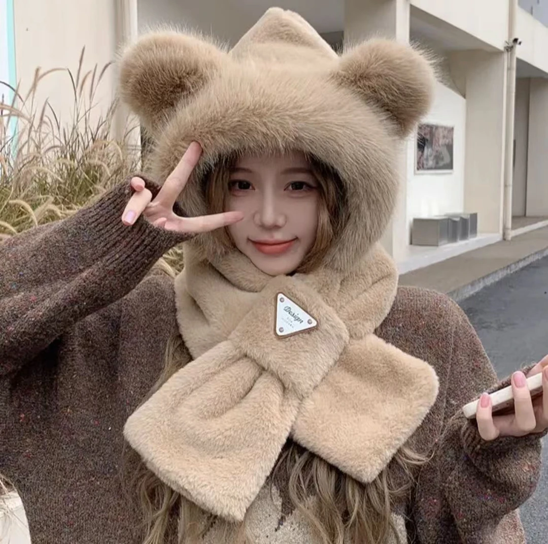 【熊宝两件套】冬天加厚毛绒连帽秋冬季时尚保暖防寒帽百搭绒帽