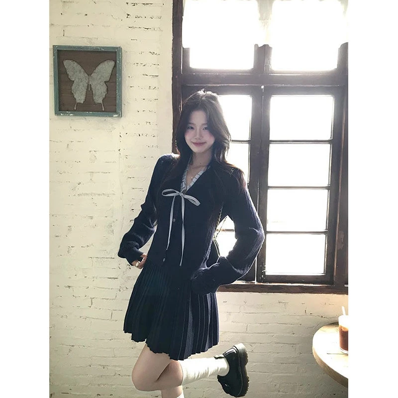 学院风蝴蝶结系带长袖针织衫百褶半身短裙女2025秋季新款时尚套装