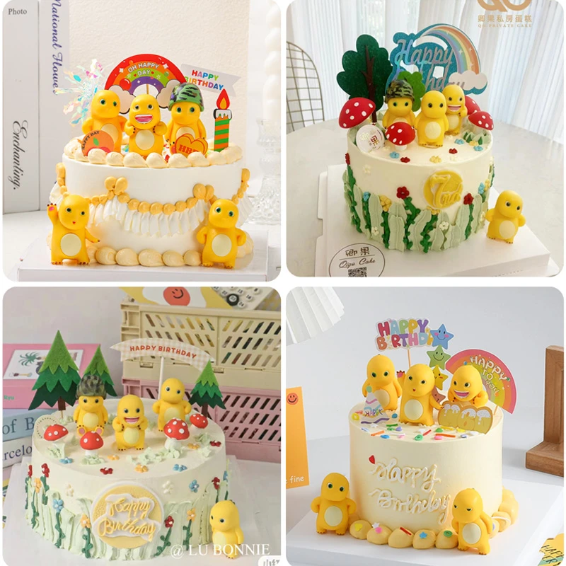 网红胖胖小奶龙蛋糕装饰可爱黄色小奶恐龙彩虹HBD笑脸摆件甜品台
