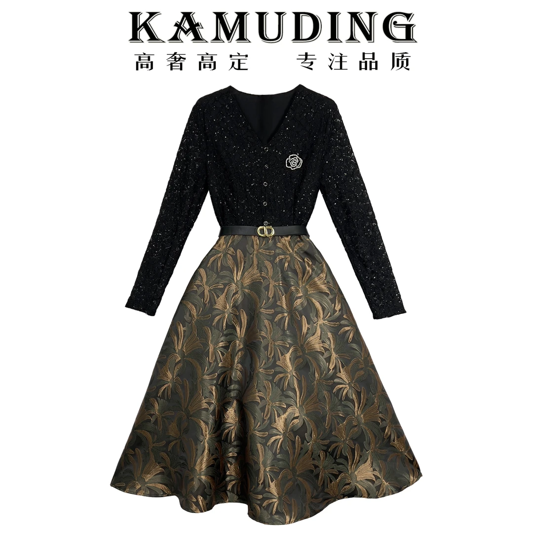 KAMUDING赫本风黑色连衣裙高端大牌气场长裙女秋9270