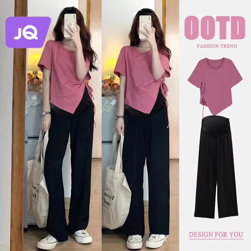 婧麒孕妇2023新款最时髦洋气孕妇装设计感正肩短T恤高级感上衣夏