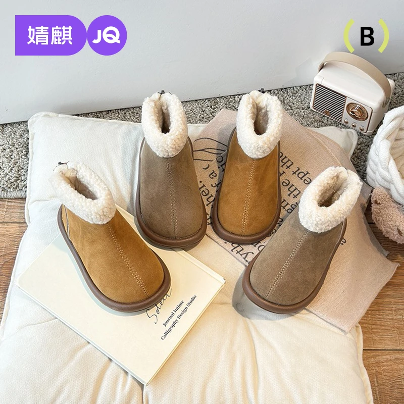 婧麒冬款儿童雪地靴宝宝保暖加绒防滑加厚棉靴女童外穿羊羔绒靴子