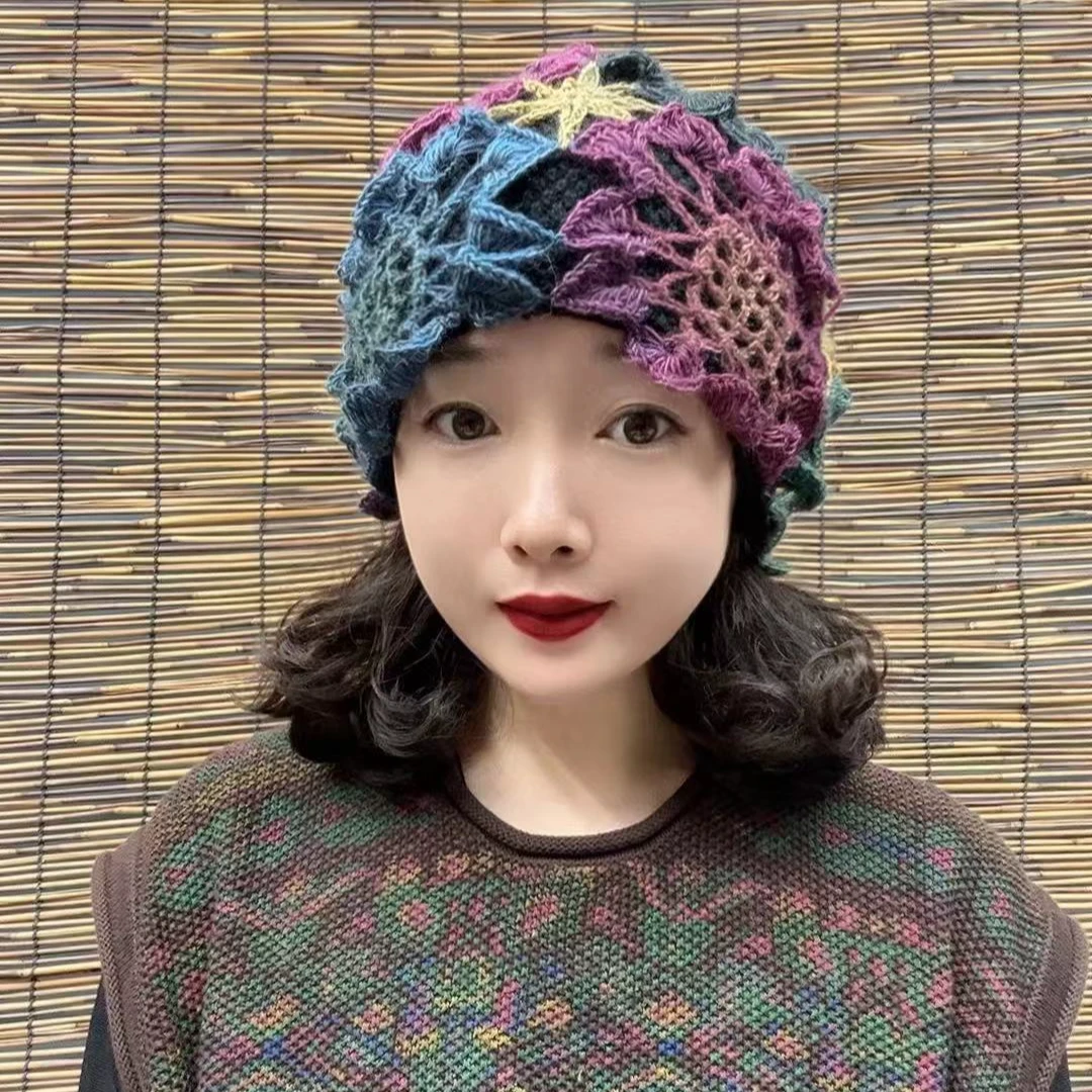 秋冬新款双层太阳花花边手工帽（同色系发货）