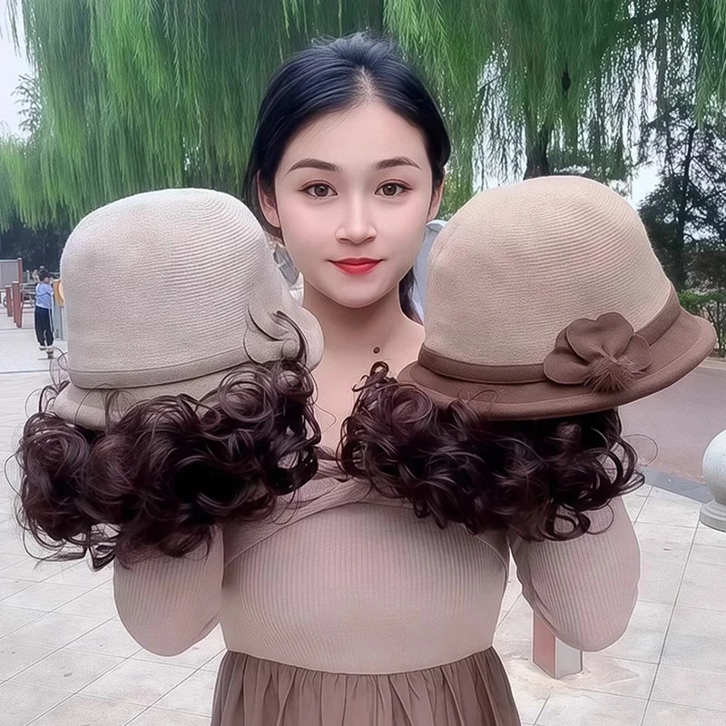 秋冬新款帽子假发一体加厚羊毛呢渔夫帽慵懒卷洋气减龄冬季保暖帽