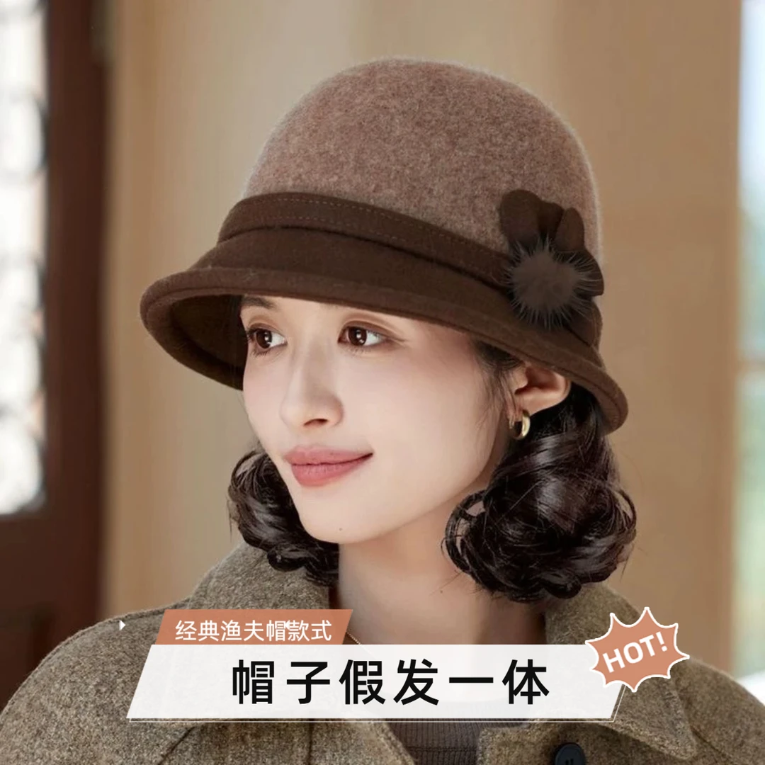 假发帽子一体秋冬加绒保暖渔夫帽女短卷发遮白发光头中年妈妈帽子