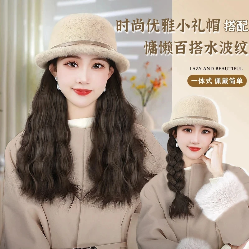 假发帽子秋冬新款高级洋气显贵气水波纹礼帽渔夫帽子假发一体时尚