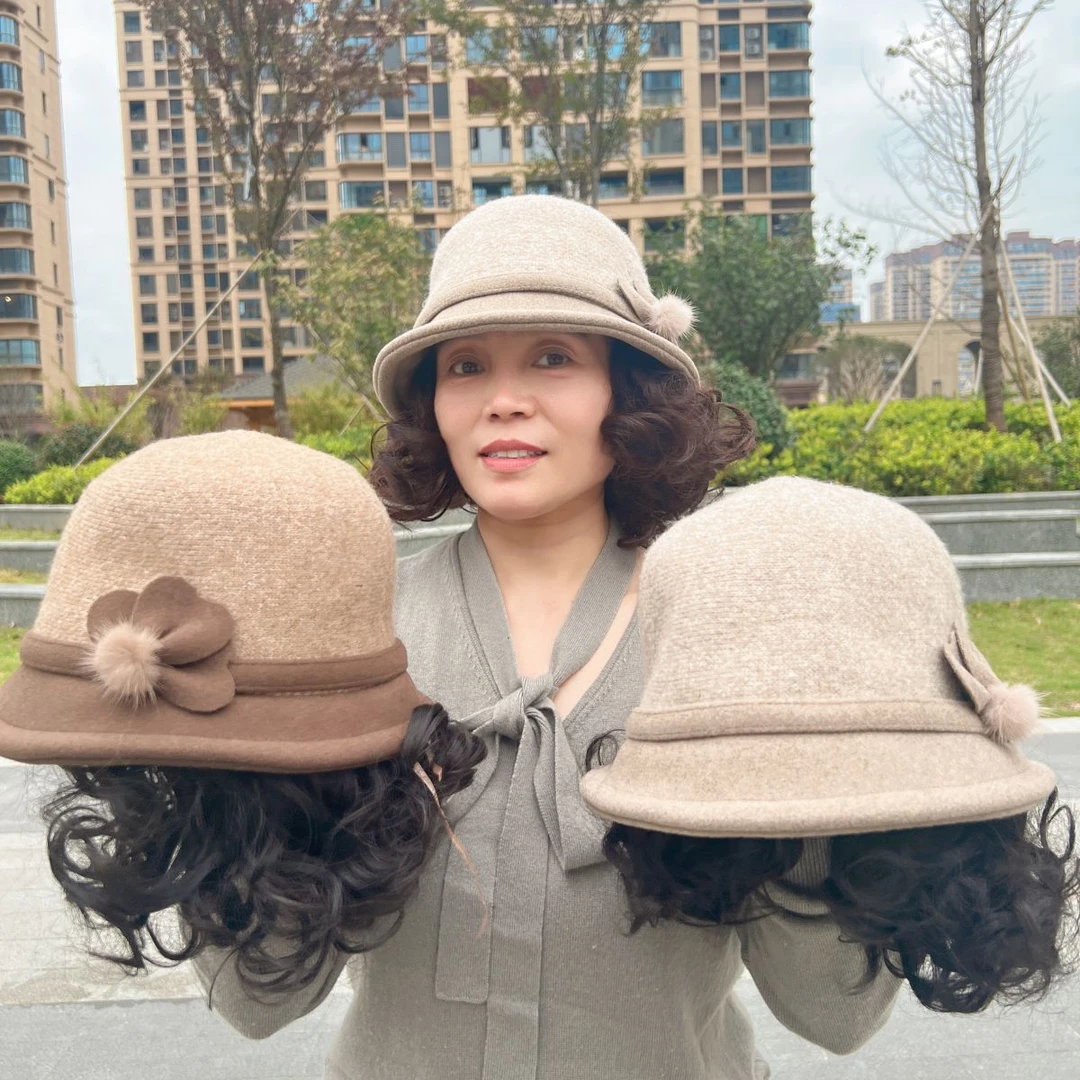 帽子假发一体女短卷秋冬款中老年妈妈假发帽时尚减龄一体帽子假发