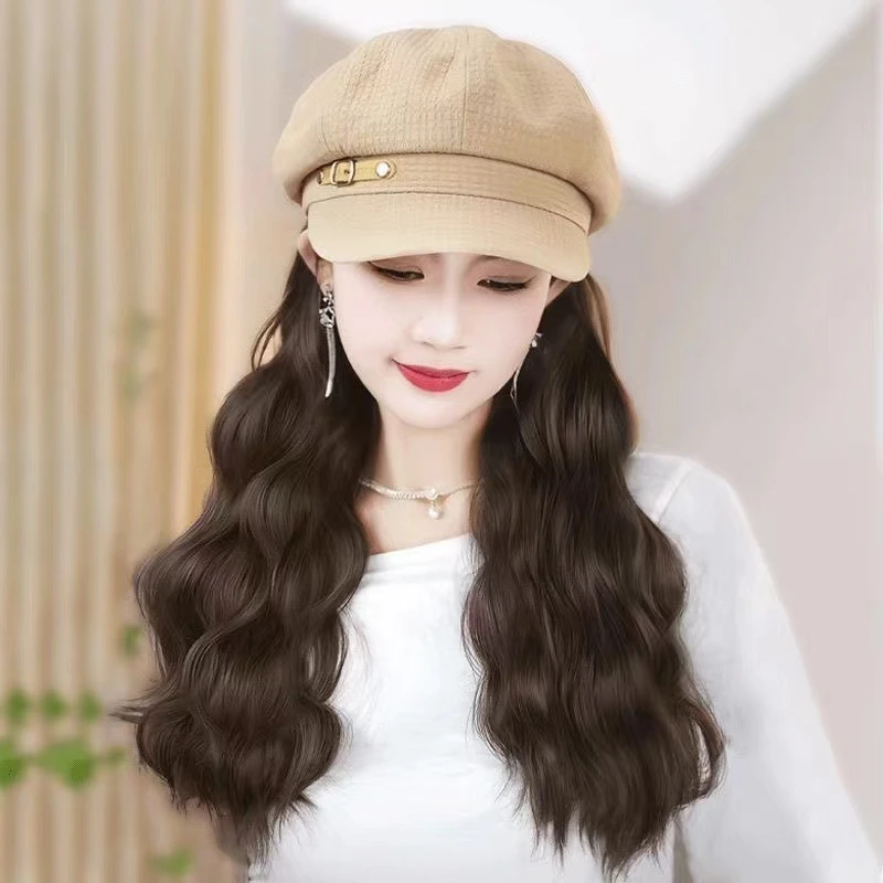 秋冬款帽子假发一体时尚八角帽女百搭洋气水波纹自然逼真假发帽子